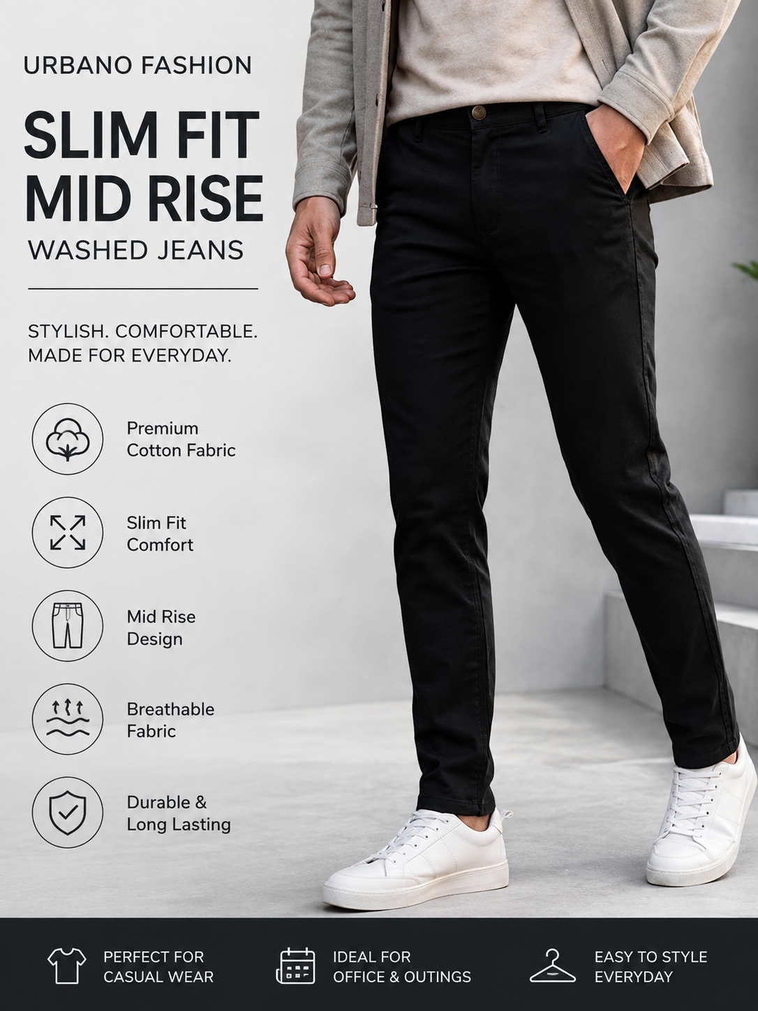 Urbano Fashion Men&amp;#039;s Slim Fit Mid Rise Washed Jeans