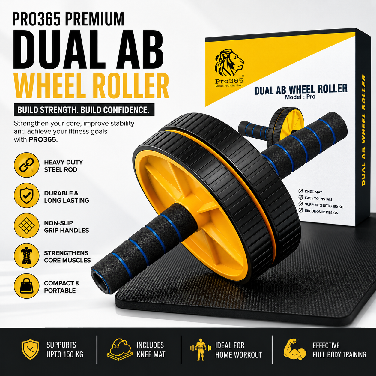 PRO365 Premium Ab Wheel Roller | Heavy Steel Rod