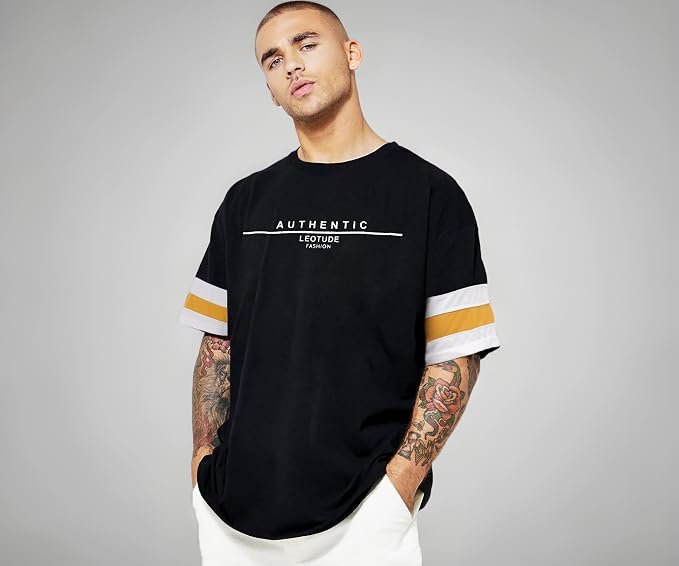 LEOTUDE Men's Cottoblend Half Sleeve Printed Oversized Drop Shoulder T-Shirt (Black Color)