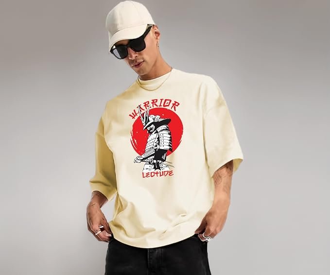 LEOTUDE Half Sleeve Oversized Printed T-Shirt for Men, Round Neck Longline