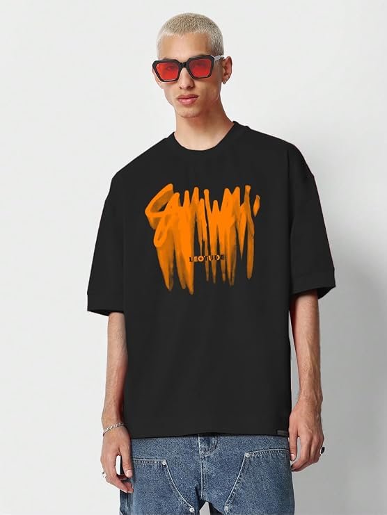 LEOTUDE Half Sleeve Oversized Cottonblend Round Neck Printed Men's T-Shirt