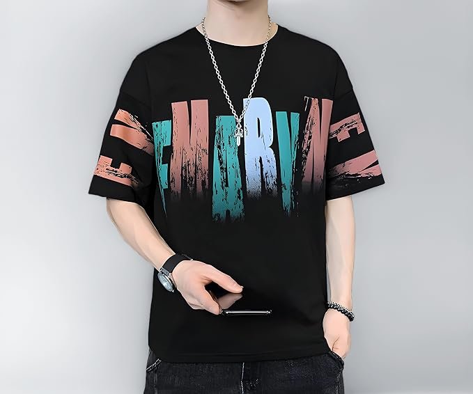 London Hills Men's Cotton Oversized Fit Casual Printed Round Neck, Oversized Longline Drop Shoulder Boho Style T-Shirt