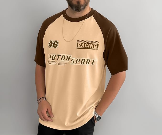 LEOTUDE Half Raglan Sleeve Cottonblend Font Print Round Neck Drop Shoulder Font Print Oversizeded Men's T-Shirt (Color Beige)