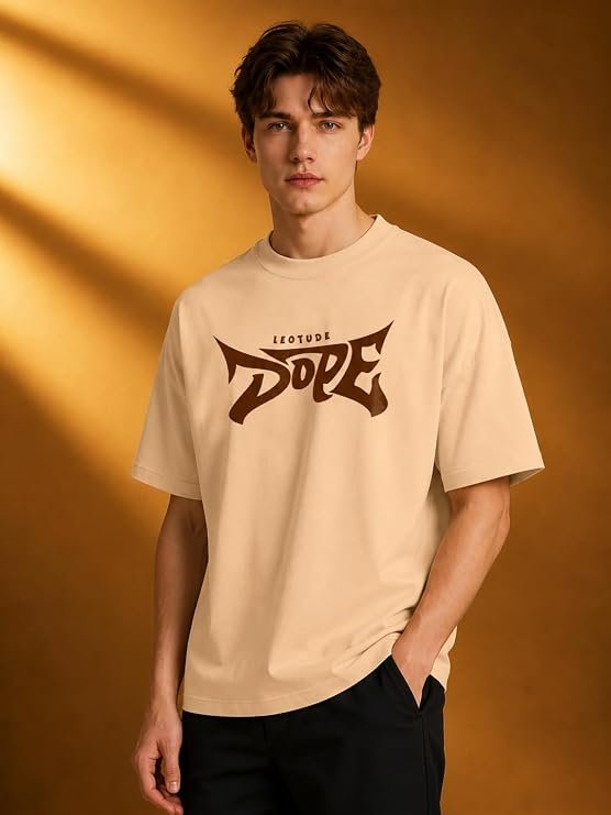 LEOTUDE Men’s Oversized Graphic Print T-Shirt | Cottonblend Casual Half Sleeve Round Neck Tee | Trendy Streetwear Style for Men (Color: Beige)