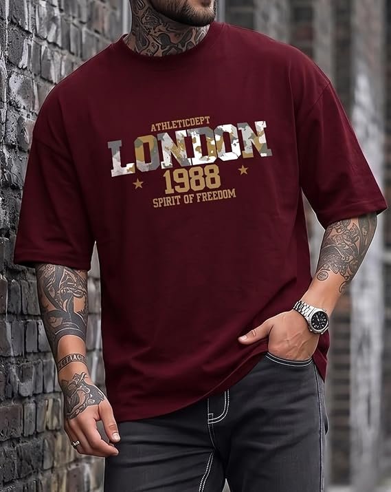 AUSK Men’s Oversized Graphic Printed T-Shirt | London 1988 Typography Casual Half Sleeve Round Neck Streetwear Off Shoulder T-Shirt for Men