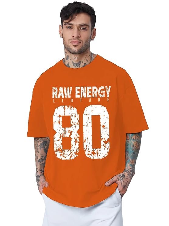 LEOTUDE Men Half Sleeve Round Neck Graphic Font Printed Cottonblend