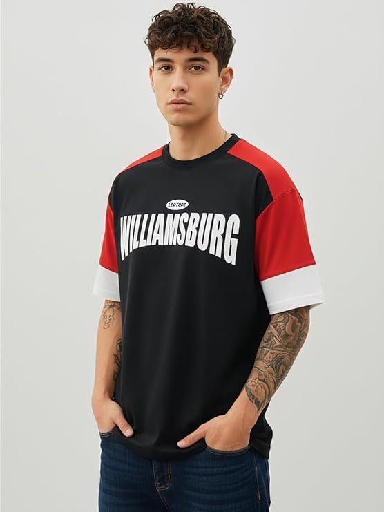 LEOTUDE Men's Half Sleeve Cottonblend Printed Colourblocked Round Neck