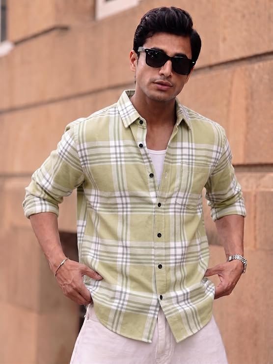 Men's Light Green Checked Full Sleeve Casual Shirt with Pocket