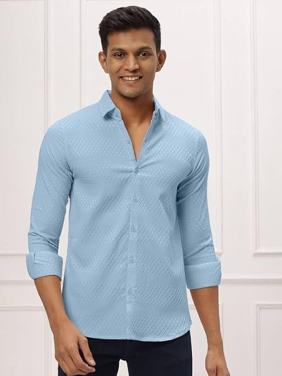 Men's Polycotton Casual Textured Button Down Regular Fit Shirts Long Sleeve Shirt