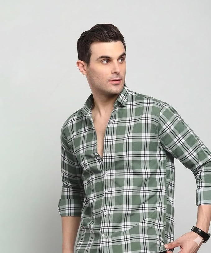 Yuvawear, Men's Full Sleeve Checkered Casual Shirt, Blue, Green, and Cream Plaid Pattern