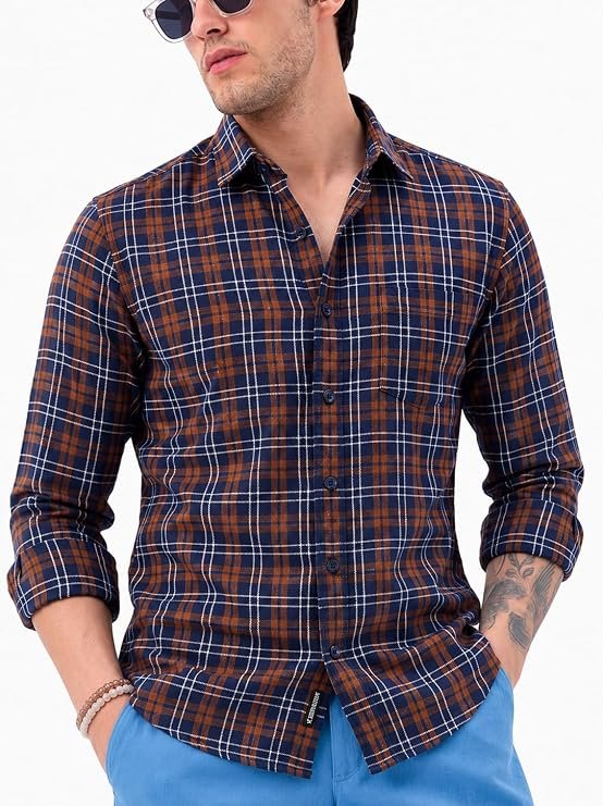 Youth First Men's Cotton Blend Checked Casual Shirt | Full Sleeve Regular Fit Button-Down Shirt | Soft Breathable Fabric | Stylish Everyday Wear for Men