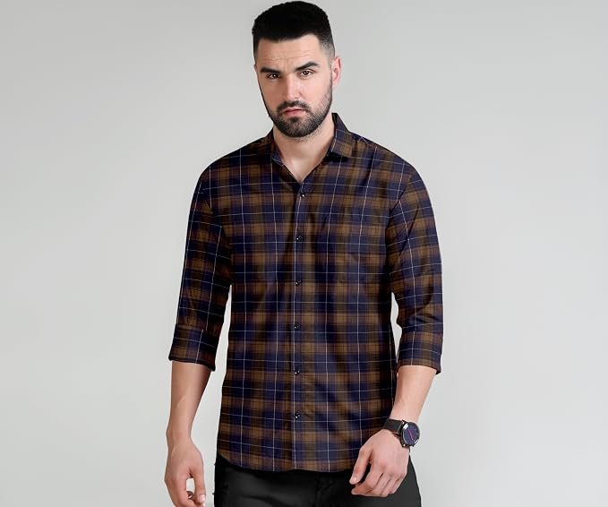 Men's Checkered Shirt, Long Sleeve, Green and Black Plaid Pattern, Chest Pocket, Casual Wear