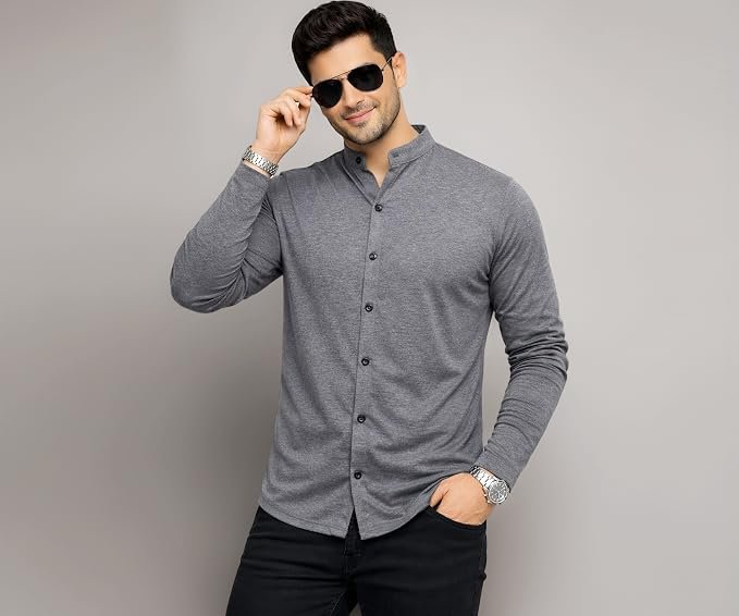 Blisstone Men's Band Collar Shirt – Full Sleeve Slim Fit Casual Cotton Blend Mandarin Collar Button Down Shirt
