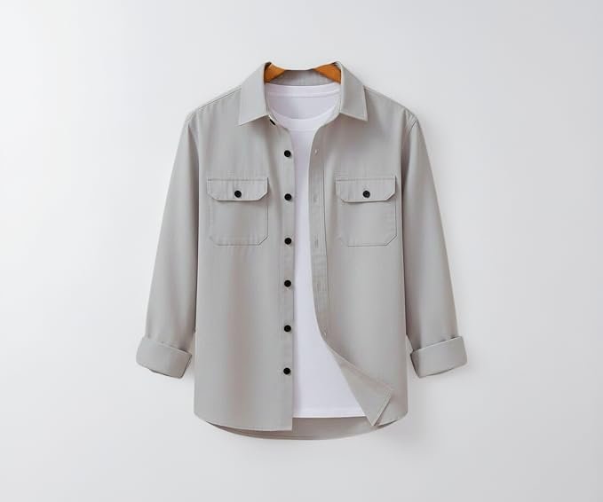 Men's Black Casual Shirt, Long Sleeve, Dual Chest Pockets, Button-Down Collar