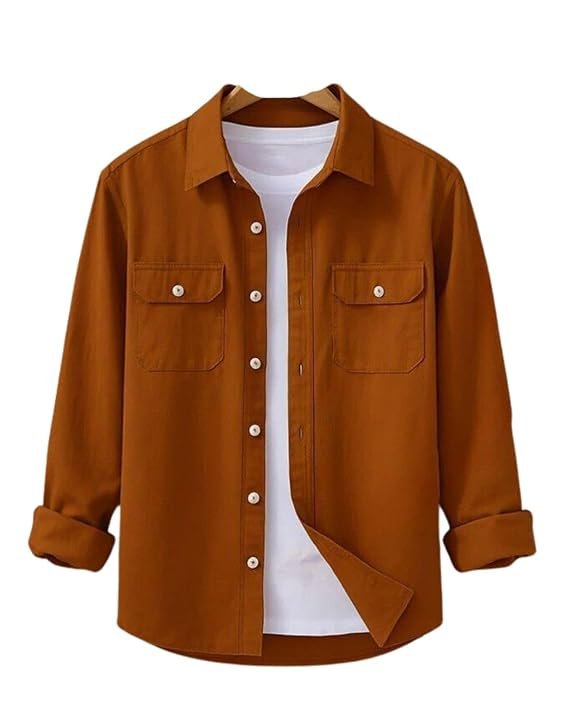 Men's Black Casual Shirt, Long Sleeve, Dual Chest Pockets, Button-Down Collar