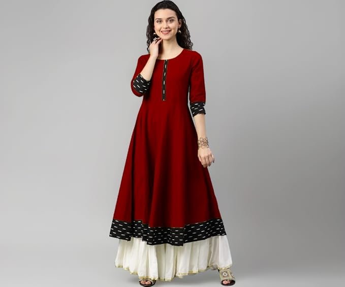 Anarkali Cotton Batik Printed Lace Border Umbrella Style Kurti Gown for Women Girls Plain and Solid Dress Top
