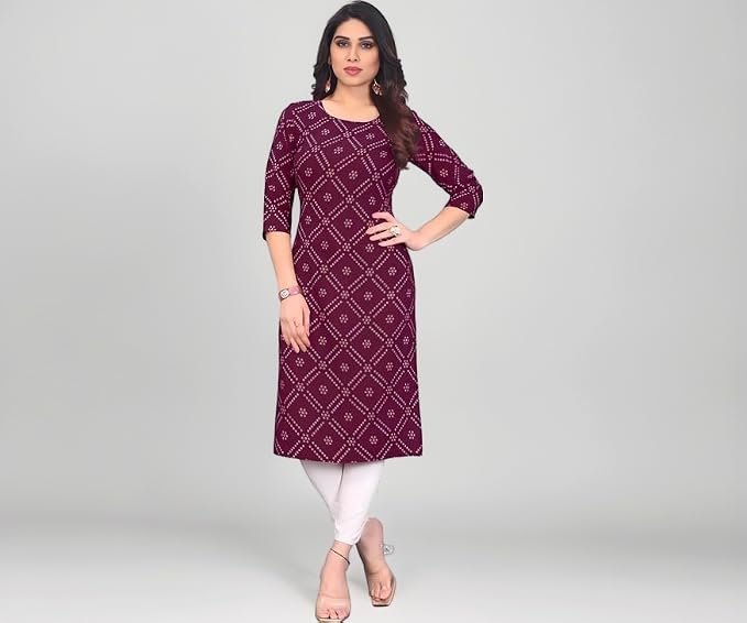 Womens Crepe Kurti | Straight Fit | Knee-Length | Crew Neck | 3/4 Sleeves | Casual & Office Wear
