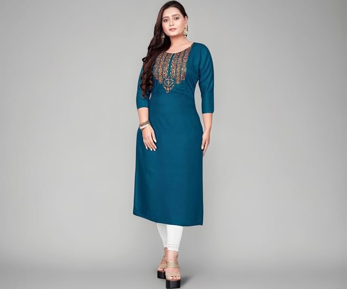 Women's Raghav Silk Cotton Blend Straight Embroidery Straight Fit Kurti