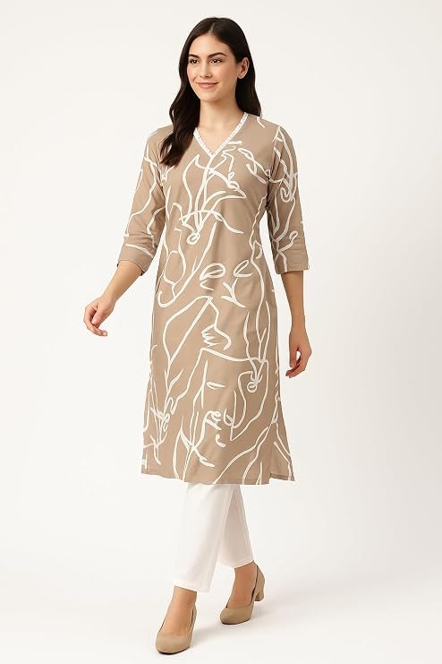 Graceful Crepe Kurti for Women | A-Line Knee Length Kurta | V-Neck with 3/4 Sleeves | Elegant Daily & Casual Wear