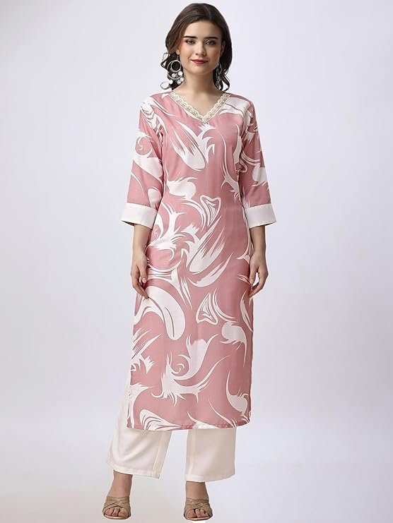 Ladies Rayon V Neck Kurti Palazzo Combination Traditional Straight Fit Stylish Clothing