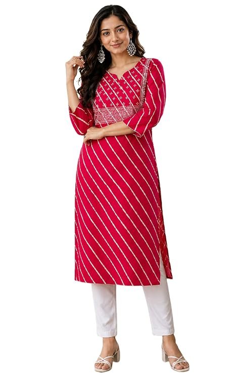 Women's Cotton Floral Printed V-Neck A-Line Kurta/Regular Fit Kurti-3/4 Sleeve