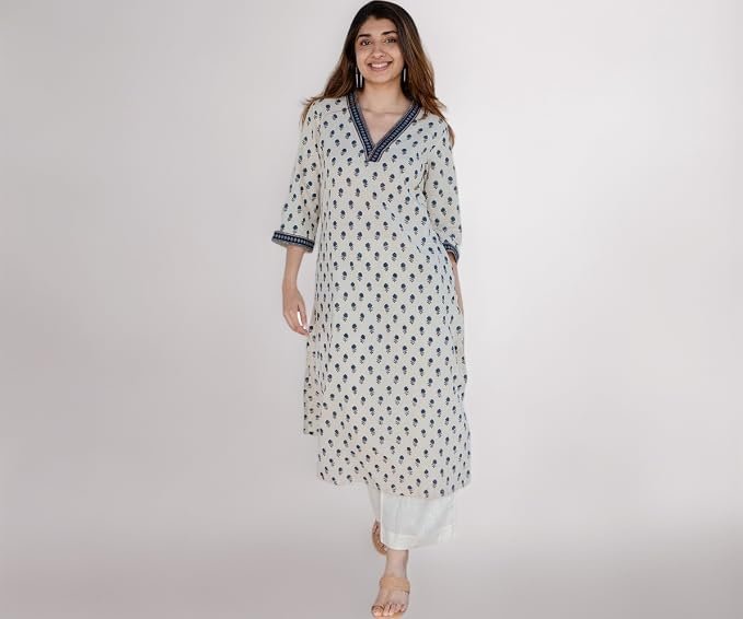 Women's Viscose Rayon Printed A-Line Kurta – 3/4 Sleeve Ethnic Tunic for Casual Long Kurta 1061