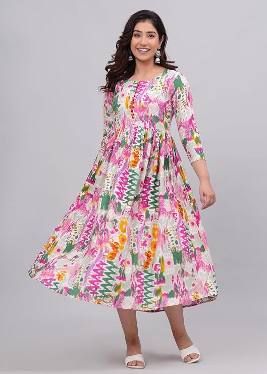Women Anarkali Designer Printed Pom-Pom Kurti