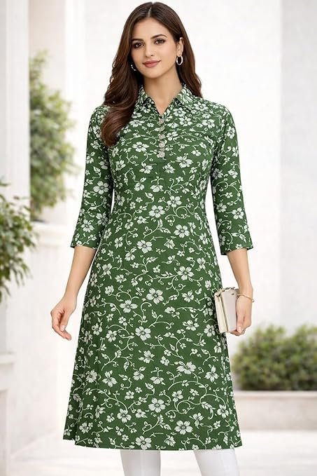Women's Cotton Printed Straight Kurti Collar Neck 3/4 Sleeves