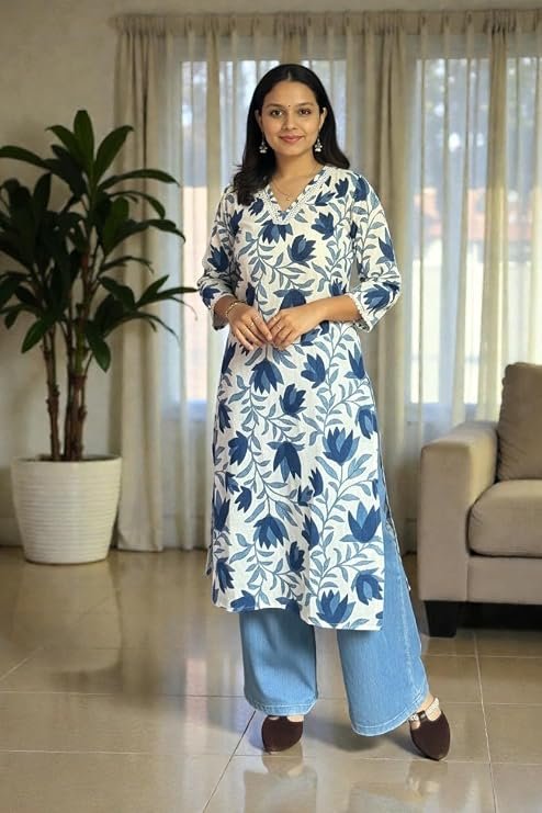 Women's A-Line Kurti | Floral Print Kurta | Three Quarter Sleeve-Shagun-P2
