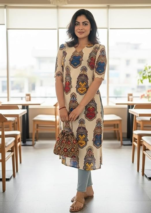 Women's Kalamkari Print Straight Kurta, Cream, Half Sleeve