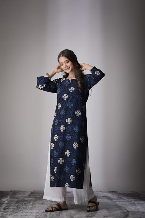 Womens Straight Viscose Rayon Navy Blue Floral Printed Kurta-Regular Wear Kurti 1085