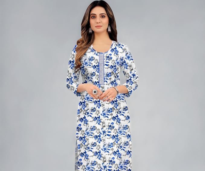 Women's Cotton Floral Kurti, 3/4 Sleeve, White with Colour Print, Red, Blue, & Green