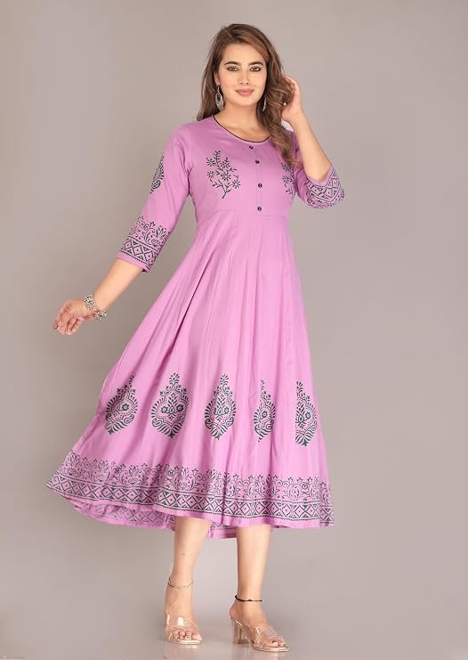 Ragini Enterprises_Rayon Gold Printed New Flared Kurtis for Women-Til Blue-Wine-Light Purple-Pista