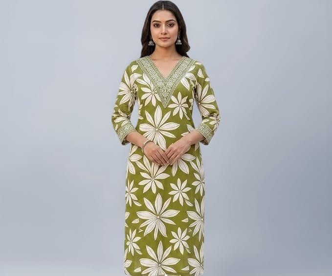 Women’s Floral Printed Cotton Kurti with Embroidered V-Neckline & Thread Work Sleeve | Straight Ethnic Kurta, Office, Festive & Casual Occasions