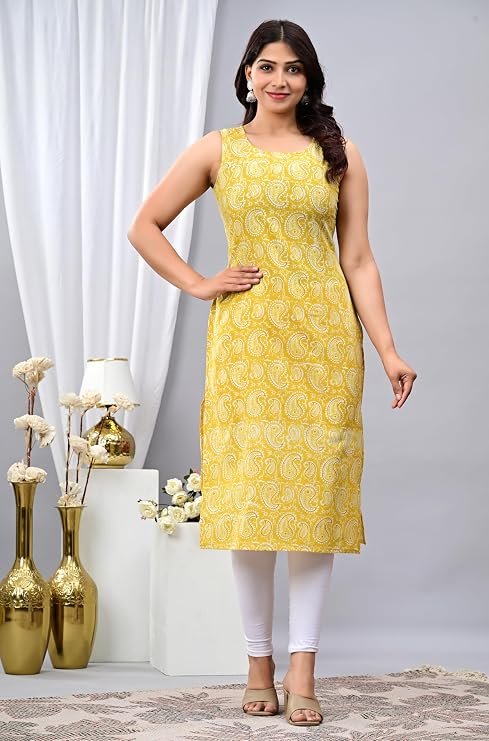 Women’s Cotton Blend Floral Printed Sleeveless Kurta for Girls & Women – Casual Ethnic Wear Kurti