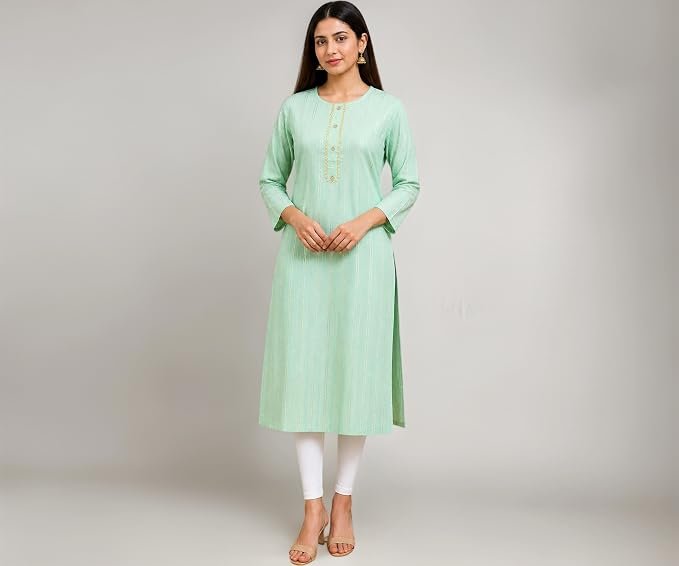 Prasad Creation | Cotton Aari Work Kurta for Women | Kurta | 3/4th Sleeves | Round Neck | Ethnic Kurta | Ideal for Casual, Festive, Wedding & Parties