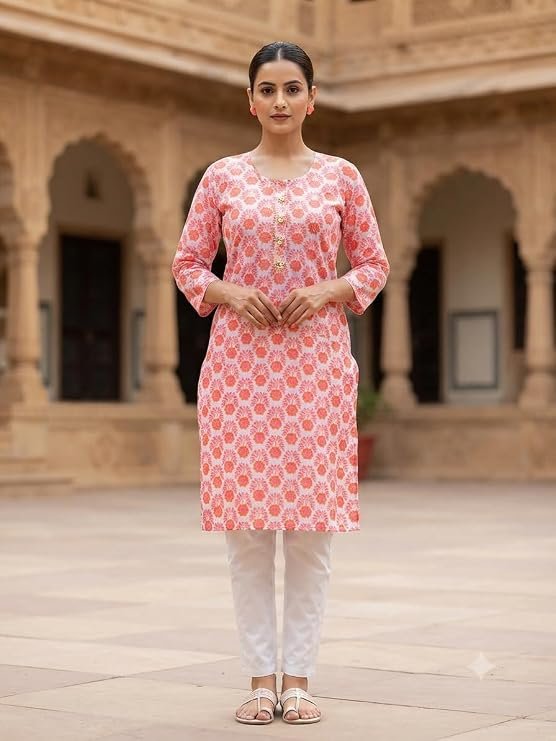 Women's Regular Fit Cotton Straight Kurta with Sober Neckline