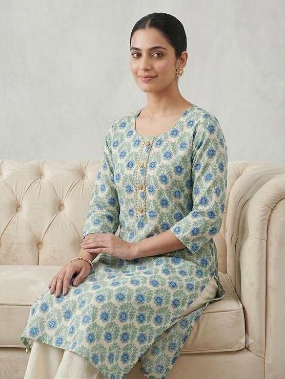 Women's Regular Fit Cotton Straight Kurta with Sober Neckline