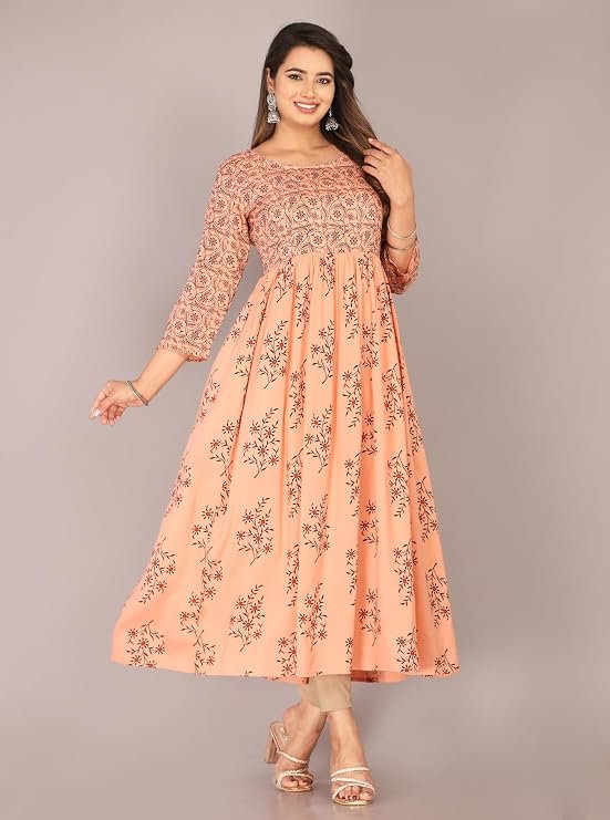 Women's Rayon Floral Printed Anarkali Kurti | Peach Ethnic Wear with 3/4th Sleeves & Round Neck | Flared Festive & Casual Kurti