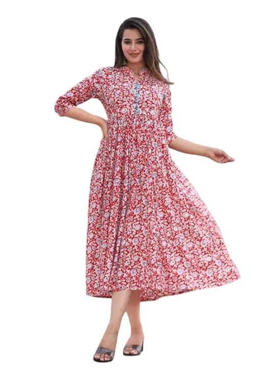 Women's Floral Printed Anarkali Kurti, 3/4 Sleeve, Ethnic Wear, Flared Style