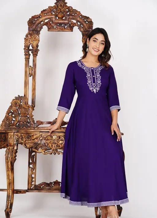 Round Neck Traditional Printed Solid Anarkali Kurti for Women's