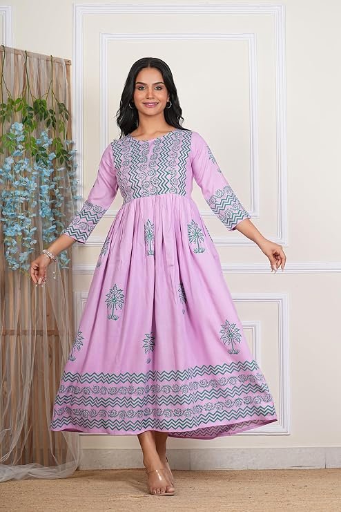 Womens Printed Rayon Hand Block Work Anarkali Kurti for Girls Regular Wear Flared Long Gown Kurta