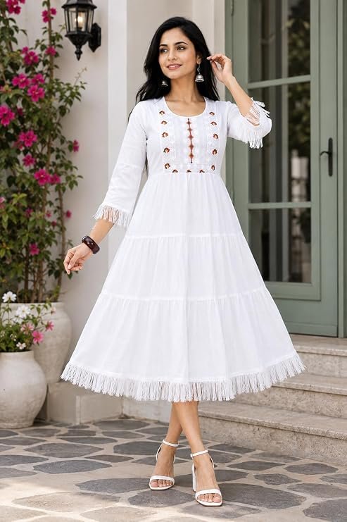 Women’s White Anarkali Kurti Dress with Embroidery Work | Long Flared Anarkali Kurta with Tassel Sleeves | Ethnic Wear for Women
