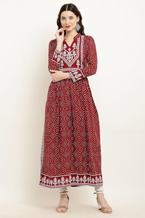 Women Casual SummerSelf Design Round Neck Full-Length Anarkali Layered Rayon Kurti_21