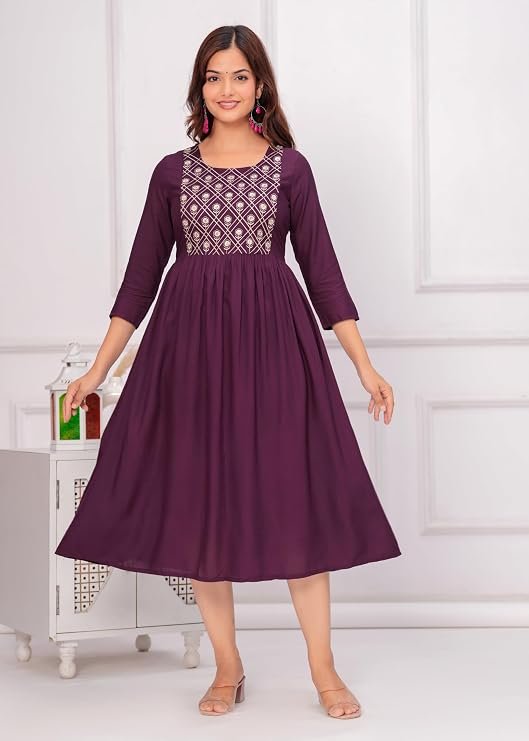 Women Anarkali Embroidery Designer Kurti Brown