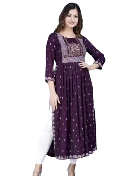 Women's Embroidered Anarkali Kurti, Purple, 3/4 Sleeves