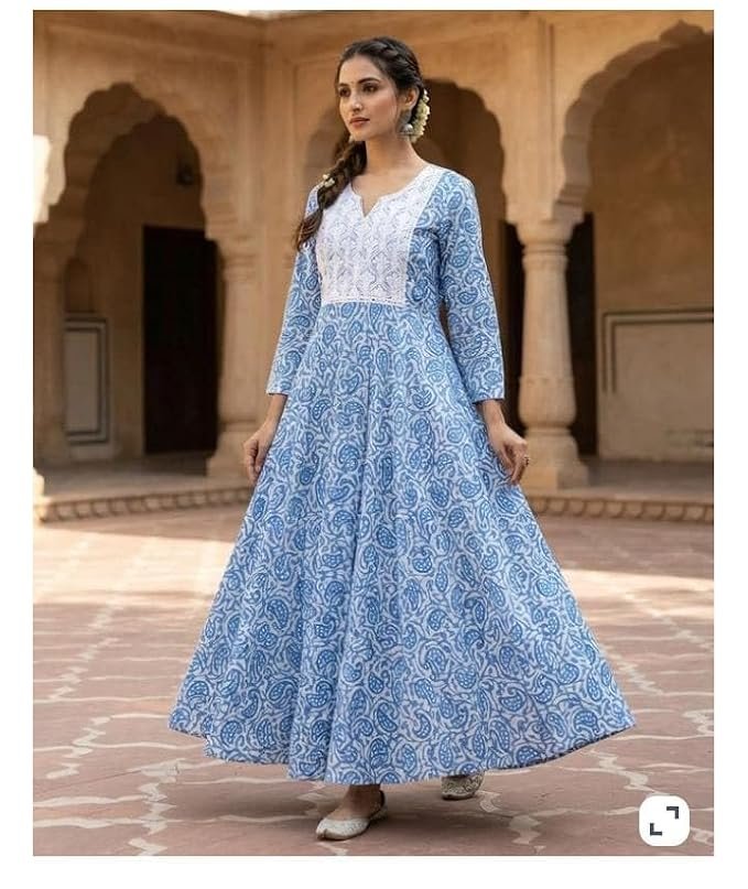 Women's Blue Paisley Print Anarkali Kurta with Embroidered Yoke