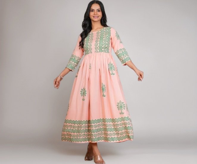 Hand Block Printed Rayon Anarkali Kurti for Women | Flared Ethnic Dress | 3/4 Sleeve Jaipuri Kurta for Office (Light Pink Green)