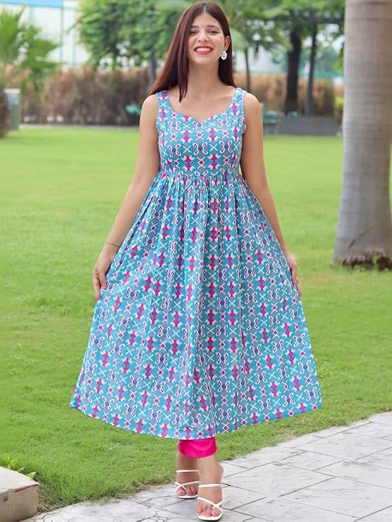 Women's Cotton Printed Sleeveless Anarkali Kurta | Flared Ethnic Kurti for Women | Casual, Office Sky Blue