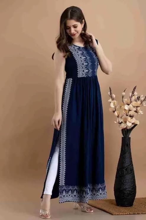 Women Casual Summer Leaf Round Neck Sleeveless Anarkali Layered Rayon Kurti_11